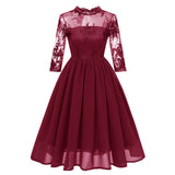 1950s Formal Long Sleeve Mesh Hollow Out Swing Elegant Evening Party Chiffon Embroidered Dress