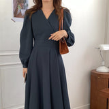 Elegant Office Lady Belted Faux Wrap Dress V Neck Long Sleeve Vintage Midi Dress