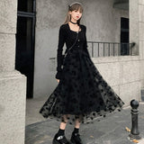 Gothic Black Dress Women Party One Piece Dress Korean Pure Collor Slim Y2k Midi Dress Retro Elegant 2021 Winter Long Sleeve Chic