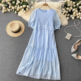 Boho Beach Embroidery Lace Dress Women Clothing Round Neck Short Puff Sleeve Casual Loose Midi Dress