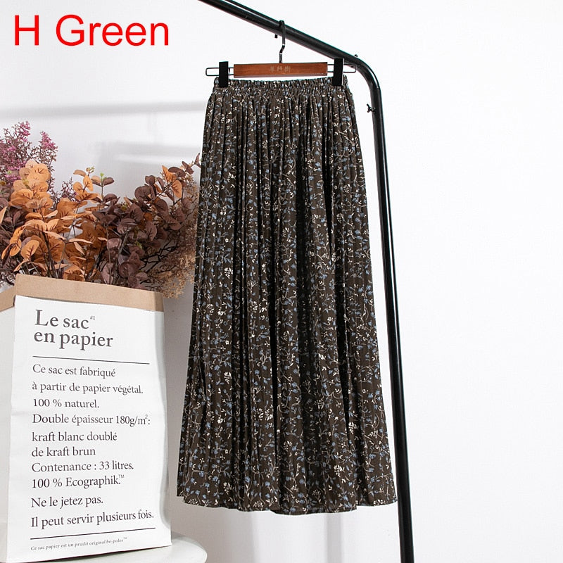 High Waist Floral Print Mid Calf Long Pleated Women Summer Vintage Elegant Chiffon Midi Skirt
