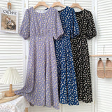 Elegant Waist Tie Vintage Floral Chiffon Midi Dress O-Neck Short Puff Sleeve Summer Dress