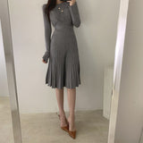 Elegant Office Lady Pleated Dress Crew Neck Long Sleeve Button Casual Knitted Midi Dress