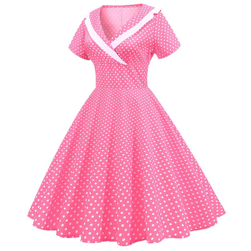 Women Summer Party Dress  Pink Polka Dot Print Short Sleeve Sailor Collar Elegant Casual Vintage A-line Midi Sundress Plus Size