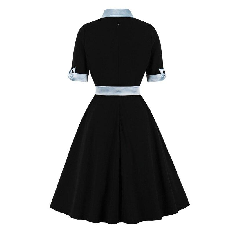 2023 Contrast Bow Neck Black Vintage Robe A Line Winter Dress 50s Women Elegant Clothing Half Sleeve Swing Dresses with Belt