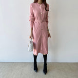 Crew Neck Long Sleeve Button Up Cardigan Sweater Dress With Belt Office Elegant Knitted Midi Dress