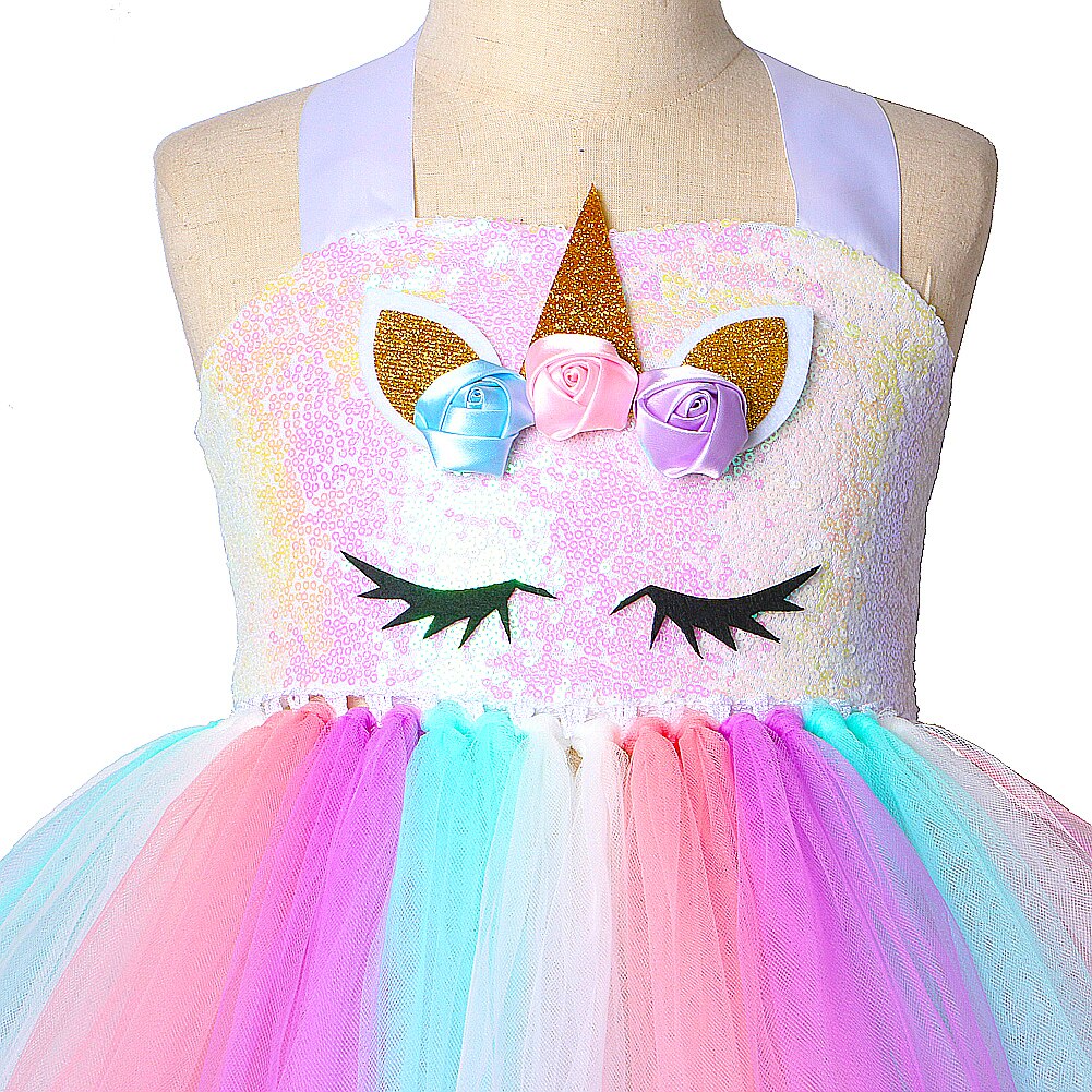 Sequins Princess Unicorn Dresses for Girls TuTu Dress Outfits for Birthday Halloween Christmas Costume for Kids Headband Wings