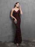 Spaghetti Strap Sleeveless Party Dress Shinning Color Sequins Prom Dress Mermaid Slim Floor Length