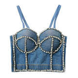 Autumn Lingerie Sexy Denim Rhinestone Women Cropped Top Corset Crop Tank Top Push Up Bustier Camis Built in Bra