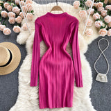 Women Polo Neck Long Sleeve Mini Dress Front Button Sexy Party Ribbed Knitted Bodycon Dress