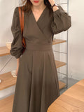 Elegant Office Lady Belted Faux Wrap Dress V Neck Long Sleeve Vintage Midi Dress