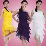 Women Unequal Fringe One Shoulder Sloping Shoulder Sleeveless Beaded Latin Tango Ballroom Salsa Girls Dance Dress