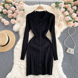 Women Polo Neck Long Sleeve Mini Dress Front Button Sexy Party Ribbed Knitted Bodycon Dress