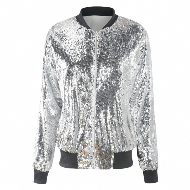 Sequins Bomber Jacket Female Glitter Basic Coat Autumn Women Streetwear Tunic Preppy Lady Outwear