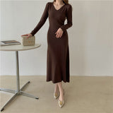 Autumn Winter V Neck Long Sleeve Basic Elegant Sweater Dress Chic Knitted A Line Casual Midi Dress