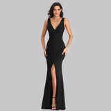 New Black Mermaid Evening Dress Gown Elegant Sexy V-neck Pleated Waist High Slit Taffta Banquet Dinner Prom Party Dress Vestidos