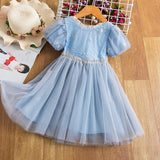 Girls Puffy Sleeve Tulle Dresses For Kids Wedding Party Princess Costume Children 3-8 Year Backless Mesh Tutu Ball Gown Clothing