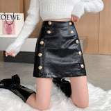 Ladies A-line Mini Skirts Fashion Korean Style Double-breasted Pu Leather Women High Waist Short Skirt