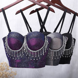 Bright Line Tassel Rhinestones Crop Tops With Built In Bra Winter Slim Push Up Bralette Sexy Ladies Show Tops