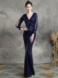 Elegant V Neck Party Maxi Dress Black Gold Sequin Evening Dress Women Long Sleeve Dress