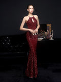 Halter Neck Evening Dress Sleeveless Mermaid Women Sequins Full Party Gowns Slim Prom Dress