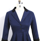 Navy Blue Notched Collar Button High Waist Vintage Robe Women Swing Dress