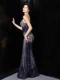 Gradient Sequins Cocktail V-Neck Backless Sexy Sleeveless Dress Spaghetti Strap Formal Prom Party Gown