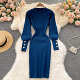 Crew Neck Puff Long Sleeve Ribbed Knitted Dress Office Elegant Button Mini Bodycon Dress