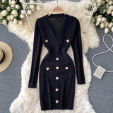 Autumn Winter Long Sleeve Office Elegant Knitted Dress Women Button Embellished Deep V Neck Sexy Mini Bodycon Dress