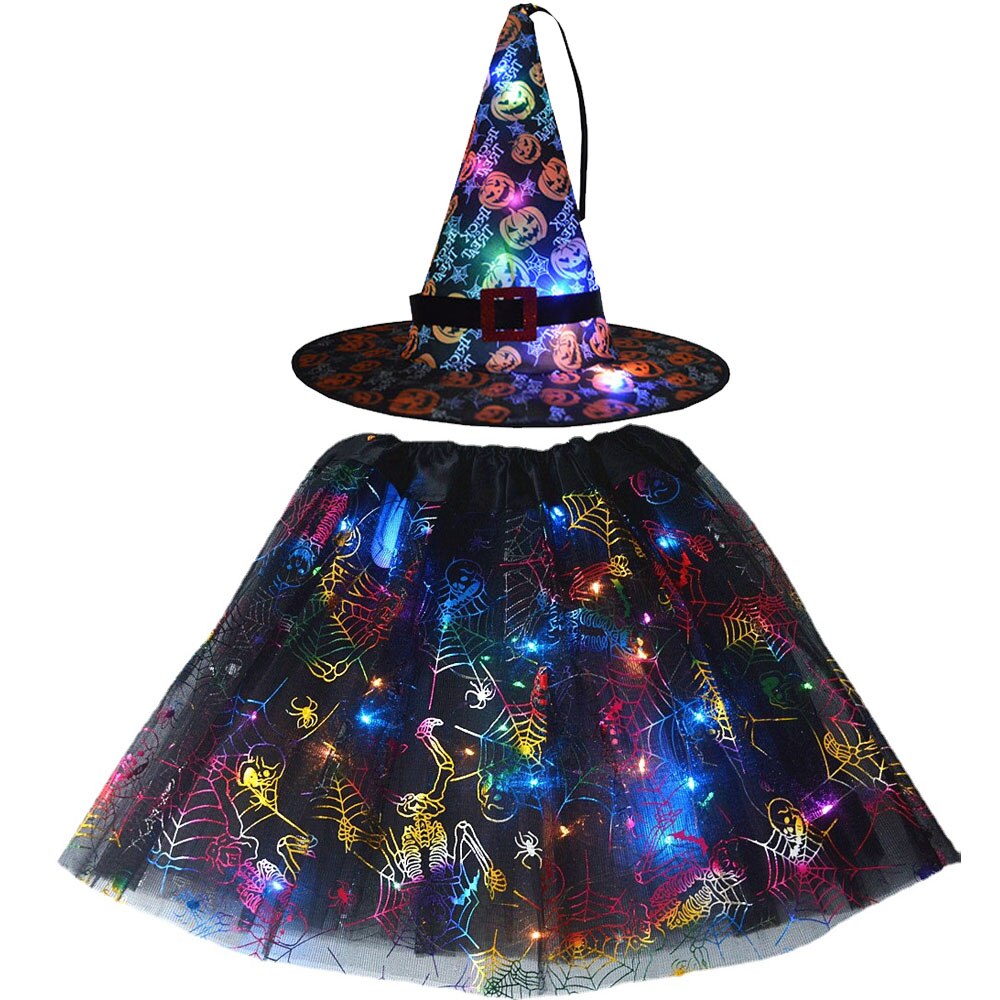 Women Kids Girl LED Glowing Light Up Witch Hat Skirt Wizard Cosplay Props Birthday Party Gift New Year Halloween Costume
