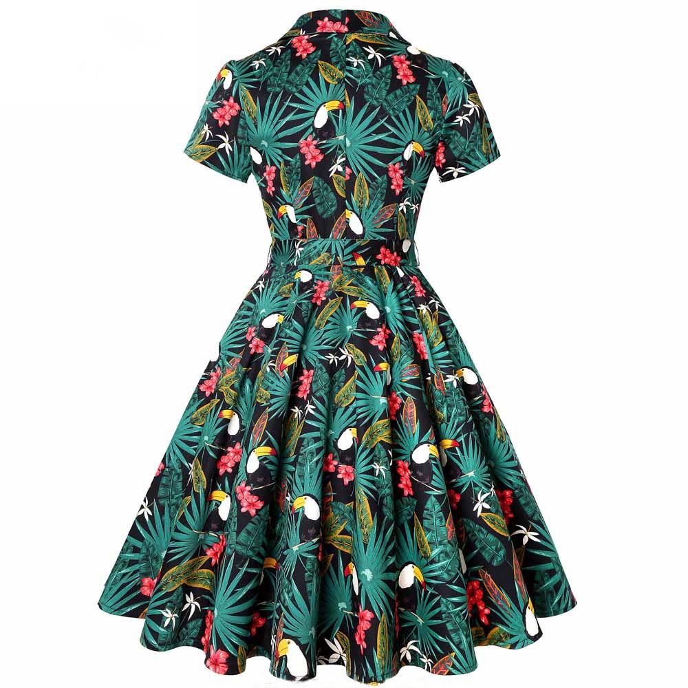 2021 Green Summer Women Swing Midi Dress Parrot Printed Hepburn Style Sundress Short Sleeve Party 50s Casual Rockbilly Dresses
