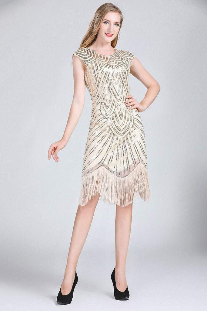 1920s Vintage Flapper Party Art Deco Great Gatsby Dress Shiny O-Neck Cap Sleeve Sequin Bead Fringe Embellished Dress