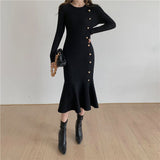 Autumn Winter Crew Neck Long Sleeve Ribbed Knitted Dress Elegant Ruffle Hem Bodycon Midi Dress