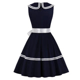 Navy Blue Contrast Striped Ribbon Elegant Cotton Sleeveless 50S Retro A Line Vintage Swing Dress