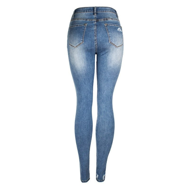 Women Ripped Jeans High Waist Button Fly Split Hem Skinny Denim Trousers Streetwear Fall Cotton Jeans