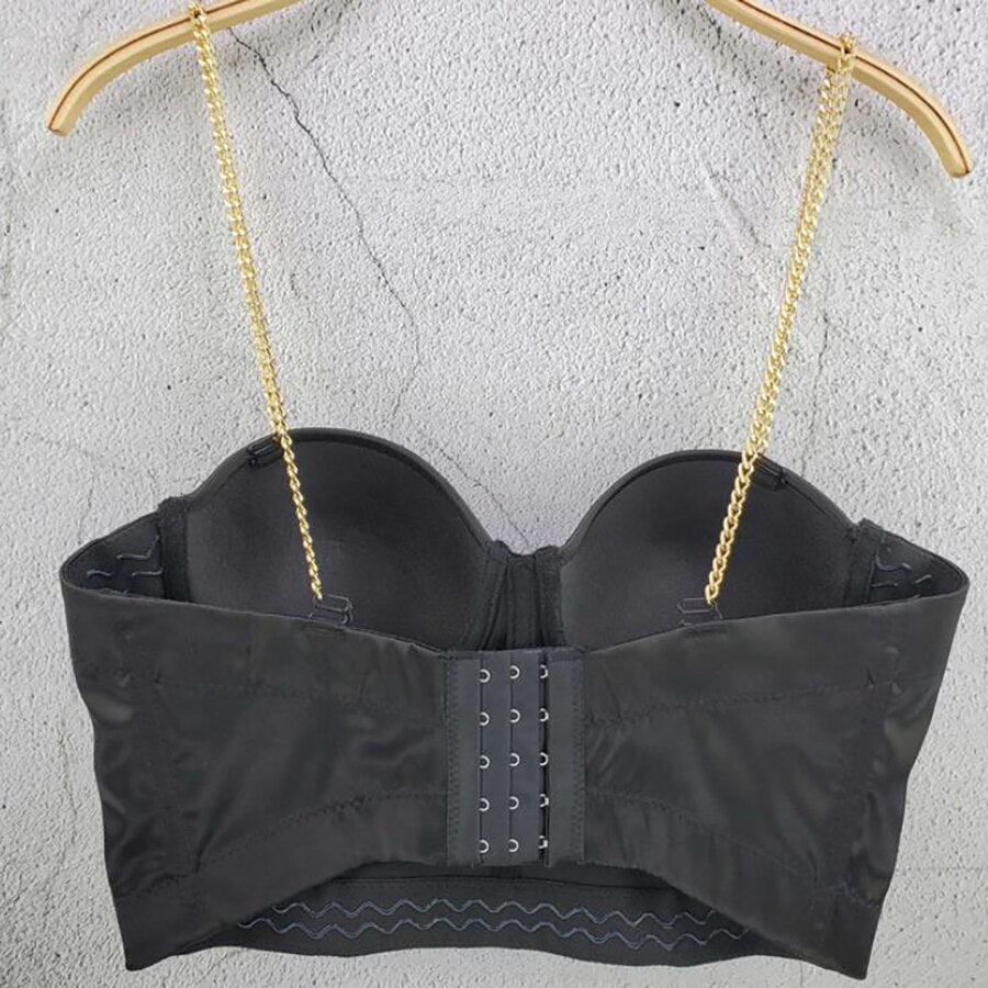 Crop Top With Metal Chain Shoulder Strap Party Nightclub Show Sexy Women Bra To Wear Out Push Up Bralette Corset