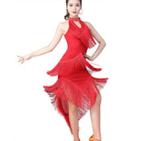 Women Sexy Latin Dance Dress Lady Halter Off Shoulder Beaded Fringe Bodycon Dancewear Shiny Party Dress
