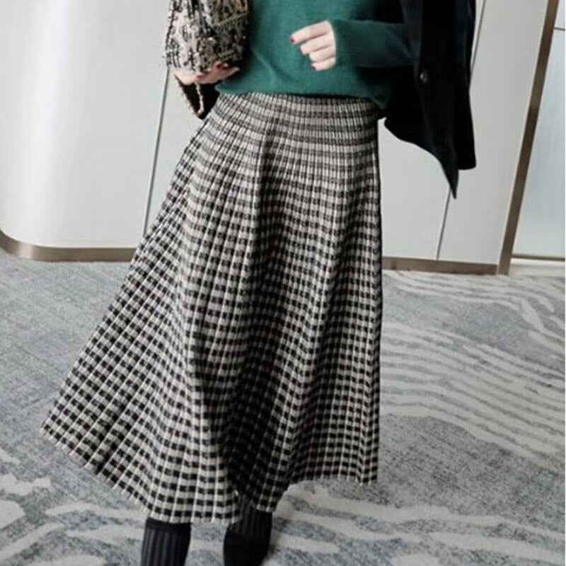 Autumn Winter Elastic High Waist Elegant A-Line Women Knitted Plaid Skirts Streetwear