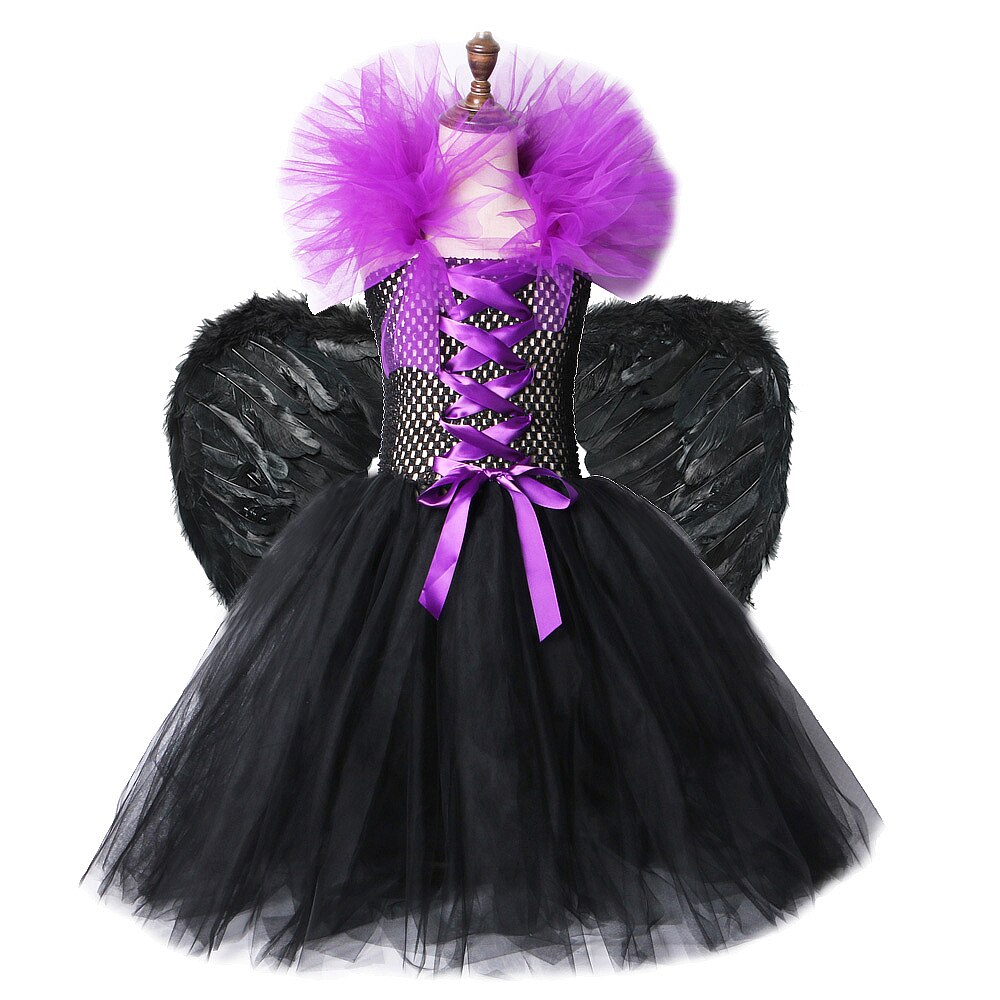 Evil Queen Costume Girls Tutu Dress Long Kids Halloween Costumes Horns Wings Children Clothing Little Girl Carnival