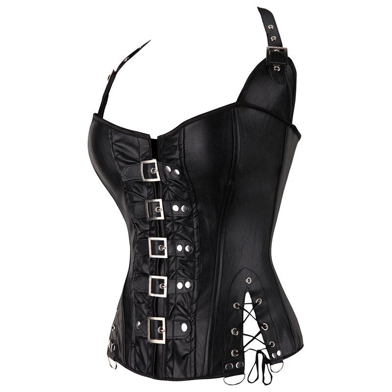 Women's Brown Black Lingerie Halterneck Corsets Bustiers Steampunk Zip Leather Corset Sexy Gothic Party Clubwear Corselet