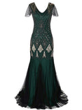 Formal Retro 1920s Sequin Evening Dress V-Neck Short Sleeve Mesh Bead Fishtail Skirt