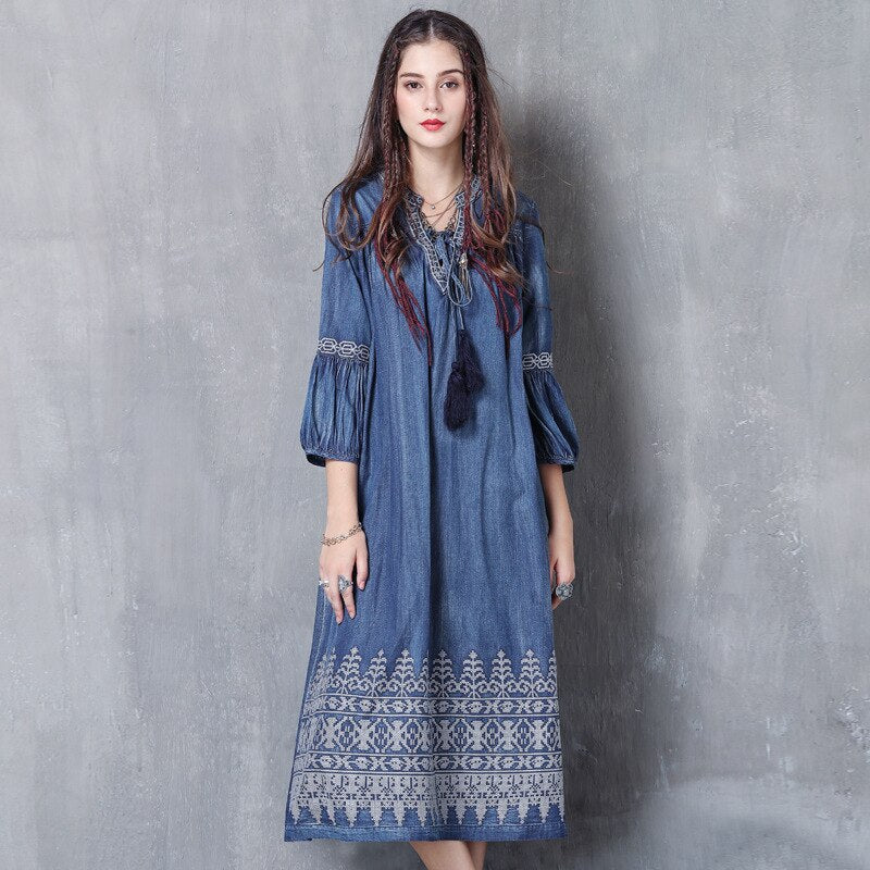 Denim Vintage Embroidery Women Casual Loose V-Neck Lace-up Dress Outwear