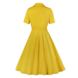 Notched Collar Yellow Vintage Style Women 50s Retro Cotton Fabric Summer Short Sleeve A Line Solid Elegant Dress