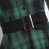 50s Style Vintage Green Plaid Pinup Swing Button Up Short Sleeve Belted Elegant A Line Retro Dress