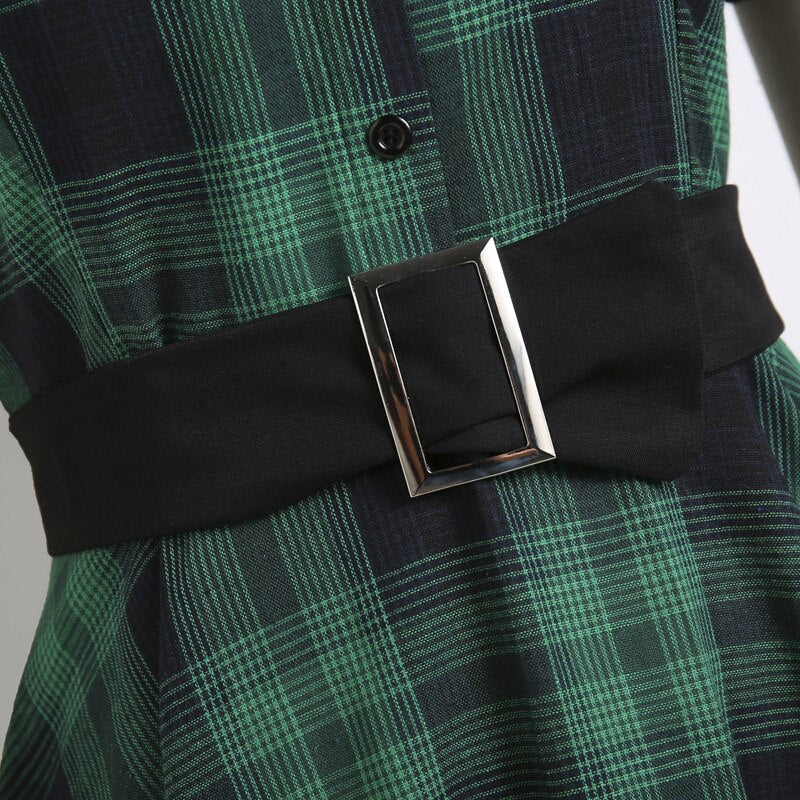 50s Style Vintage Green Plaid Pinup Swing Dresses Women Button Up Short Sleeve Belted Elegant A Line Retro Dress