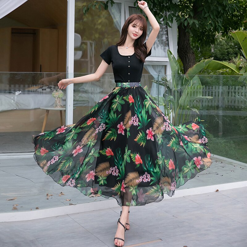 Womens printing 720 Big-Swing Skirt Elegant Fashion Female High Waist Show Temperament A-line Elegant Holiday Office Long Skirt