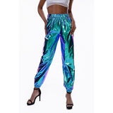 Casual Street Hip-Hop Metallic Pants Shiny Hologram Laser Loose Pants Party Wet Look Long Trousers Women Bottoms Clubwear