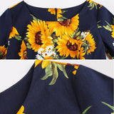 Navy Blue Floral Women High Waist Sleeve Robe Pin Up Swing Cotton Vintage Dress