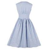 Blue Plaid Button V Neck High Waist Robe Pin Up Swing Flare Holiday Party Casual Dresses