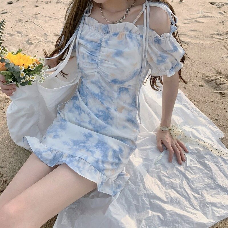 Tie dye one shoulder dress women summer korean high waist floral sweet and elegant short ruffled sling skirt female party dress